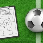 Soccer tactic, football ball and clipboard with coach drawings on stadium green grass, team defence game strategy in tournament or team competition, clip board with Realistic 3d vector illustration